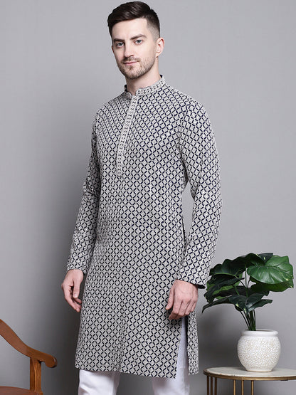 Jompers Men's Sequin Embroidered Pure Cotton Kurta - Navy Blue - Distacart