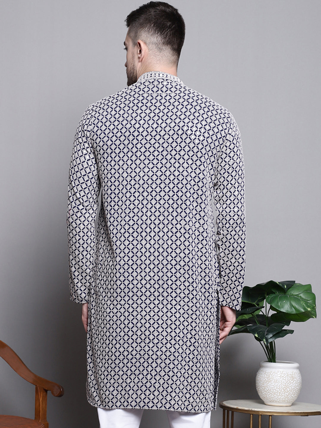 Jompers Men's Sequin Embroidered Pure Cotton Kurta - Navy Blue - Distacart