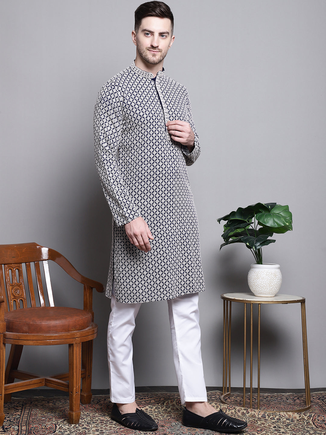 Jompers Men's Sequin Embroidered Pure Cotton Kurta - Navy Blue - Distacart