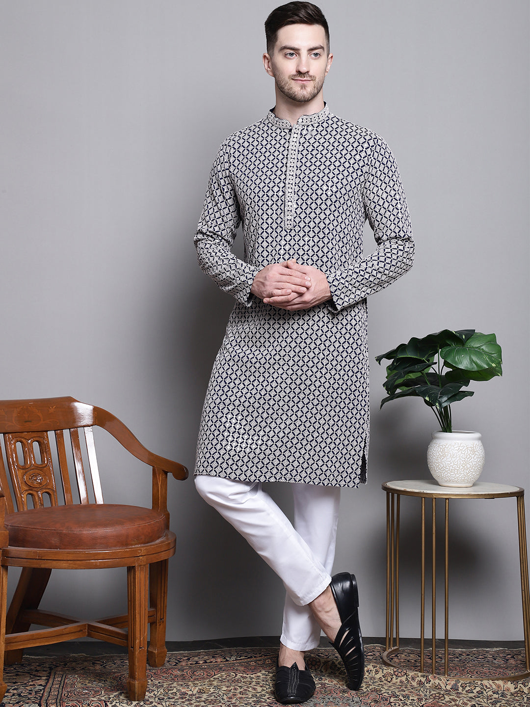 Jompers Men's Sequin Embroidered Pure Cotton Kurta - Navy Blue - Distacart