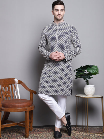 Jompers Men's Sequin Embroidered Pure Cotton Kurta - Navy Blue - Distacart