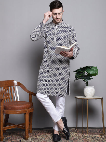 Jompers Men's Sequin Embroidered Pure Cotton Kurta - Navy Blue - Distacart