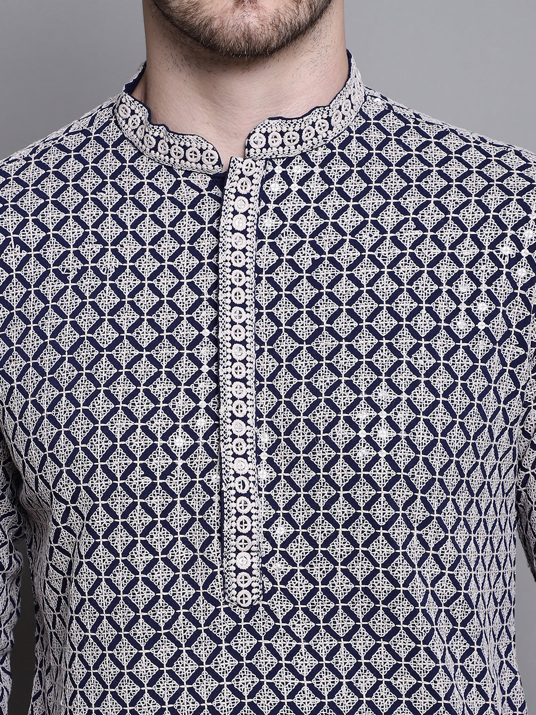 Jompers Men's Sequin Embroidered Pure Cotton Kurta - Navy Blue - Distacart