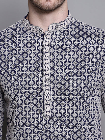 Jompers Men's Sequin Embroidered Pure Cotton Kurta - Navy Blue - Distacart