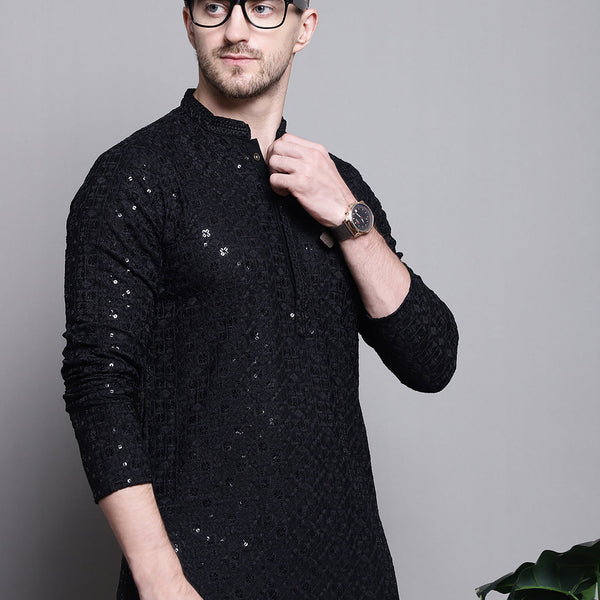 Jompers Men's Sequin Embroidered Pure Cotton Kurta - Black - Distacart