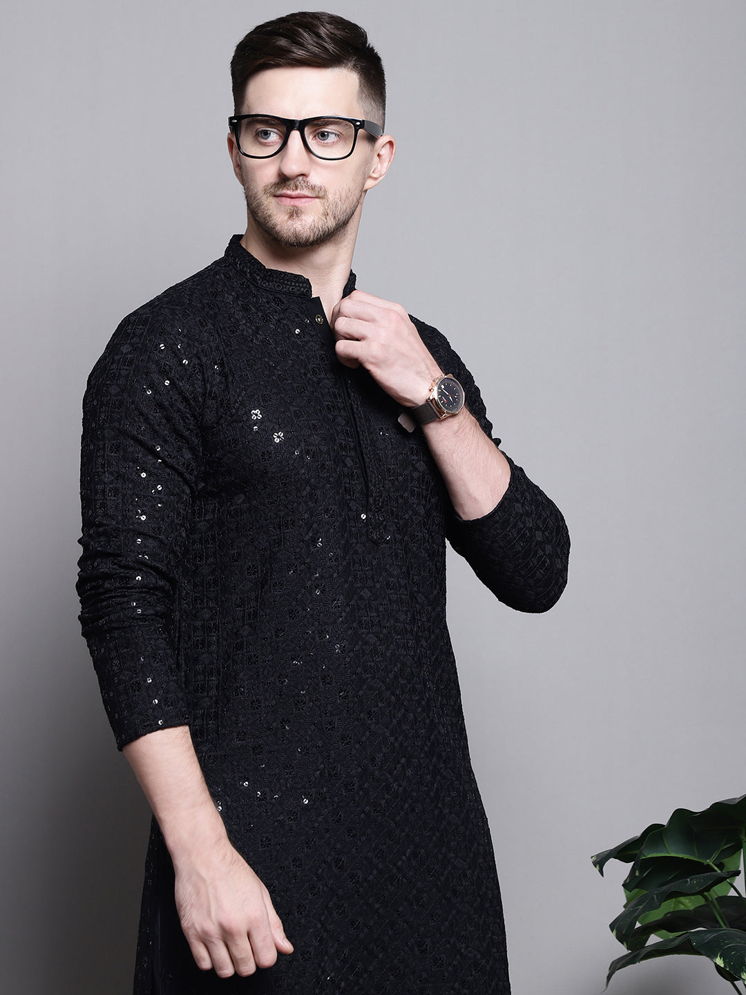 Jompers Men's Sequin Embroidered Pure Cotton Kurta - Black - Distacart