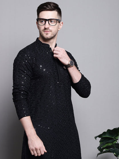 Jompers Men's Sequin Embroidered Pure Cotton Kurta - Black - Distacart