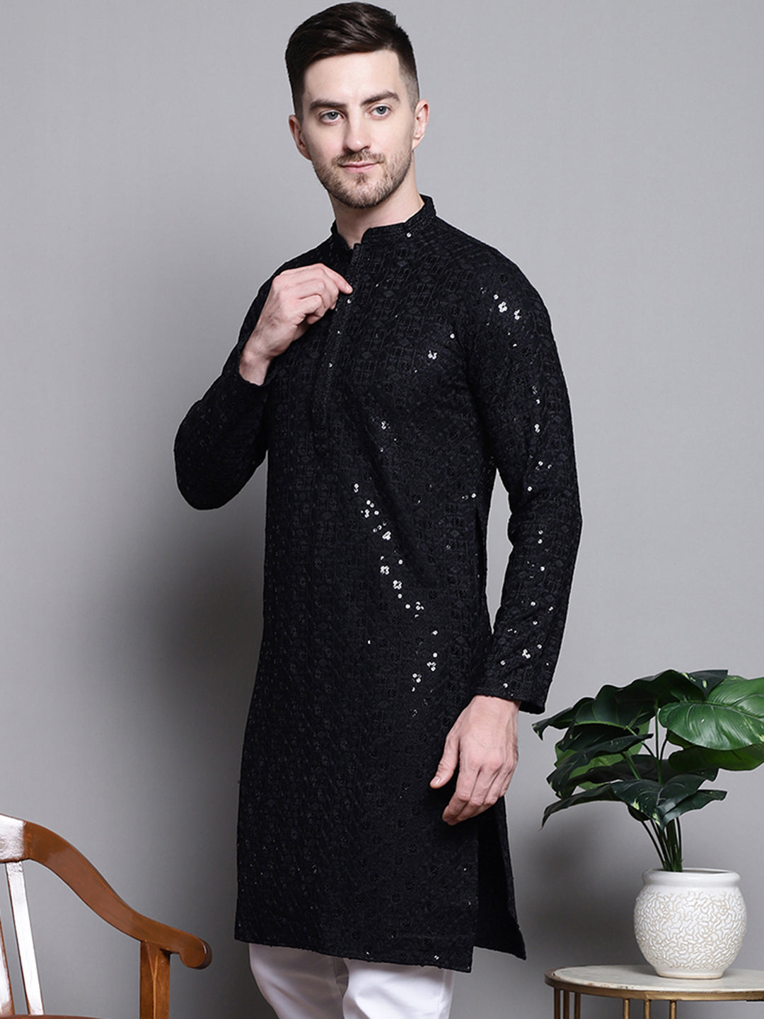Jompers Men's Sequin Embroidered Pure Cotton Kurta - Black - Distacart