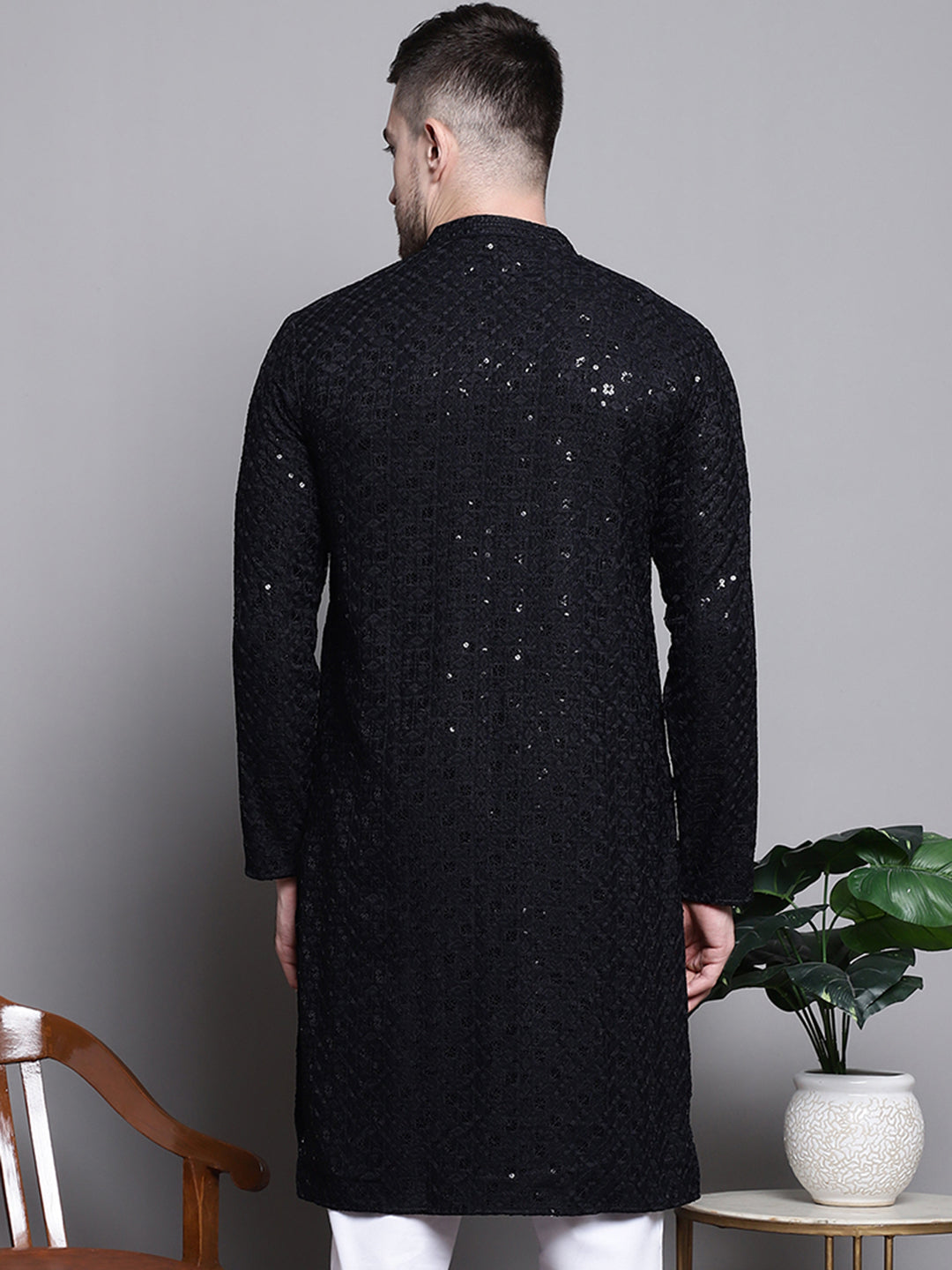 Jompers Men's Sequin Embroidered Pure Cotton Kurta - Black - Distacart