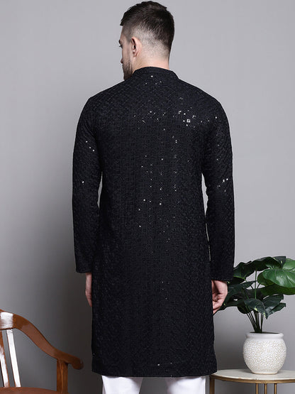 Jompers Men's Sequin Embroidered Pure Cotton Kurta - Black - Distacart