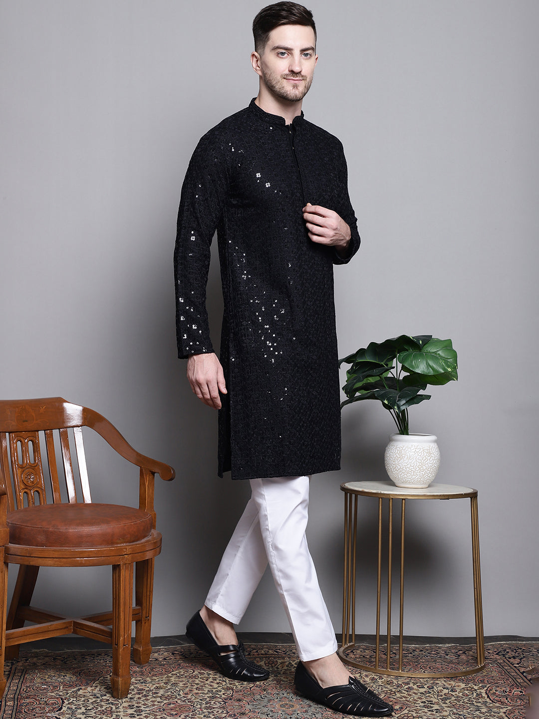 Jompers Men's Sequin Embroidered Pure Cotton Kurta - Black - Distacart