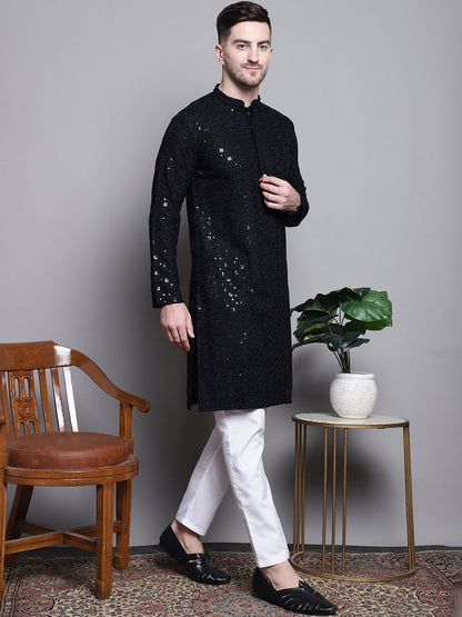 Jompers Men's Sequin Embroidered Pure Cotton Kurta - Black - Distacart