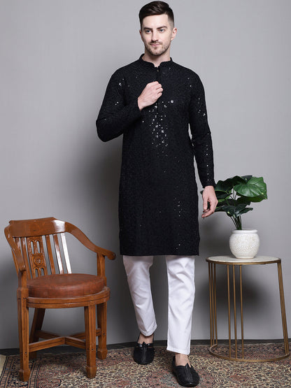 Jompers Men's Sequin Embroidered Pure Cotton Kurta - Black - Distacart