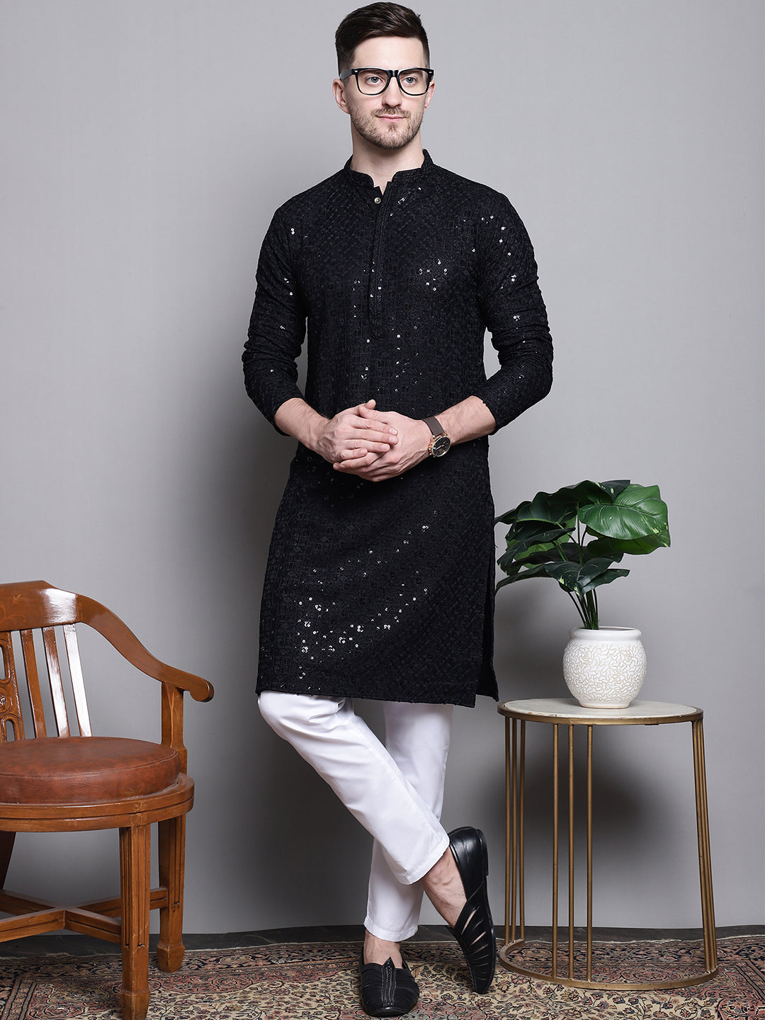 Jompers Men's Sequin Embroidered Pure Cotton Kurta - Black - Distacart
