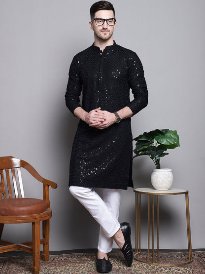 Jompers Men's Sequin Embroidered Pure Cotton Kurta - Black - Distacart
