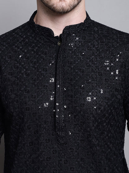 Jompers Men's Sequin Embroidered Pure Cotton Kurta - Black - Distacart
