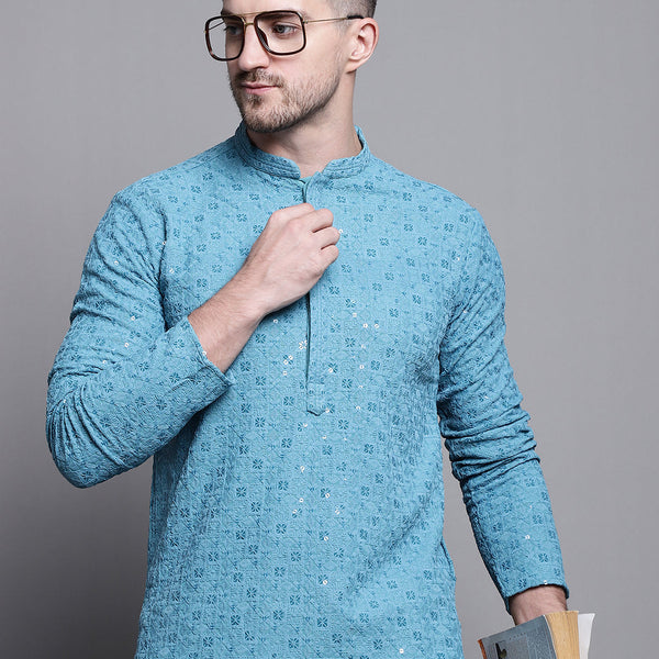 Jompers Men's Sequin Embroidered Pure Cotton Kurta - Blue - Distacart