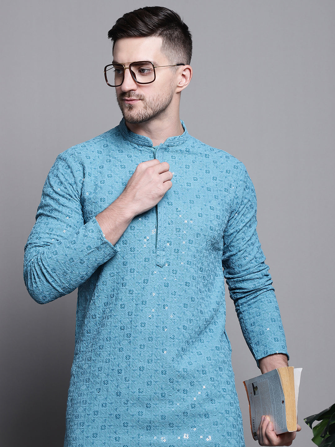 Jompers Men's Sequin Embroidered Pure Cotton Kurta - Blue - Distacart