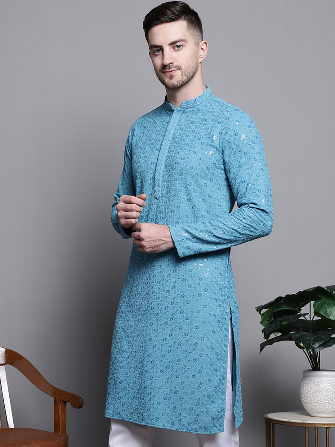 Jompers Men's Sequin Embroidered Pure Cotton Kurta - Blue - Distacart