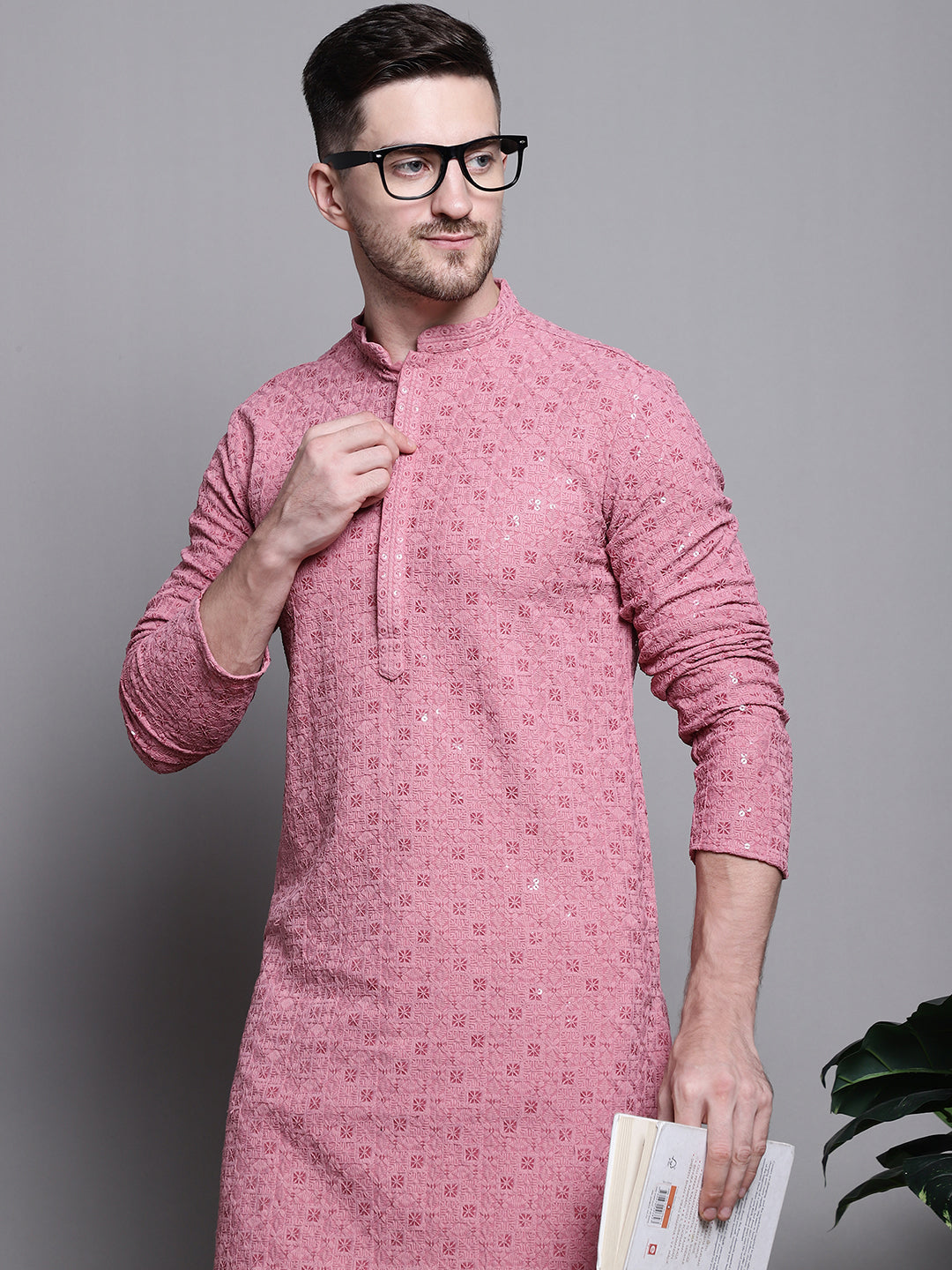 Jompers Men's Sequin Embroidered Pure Cotton Kurta - Coral - Distacart