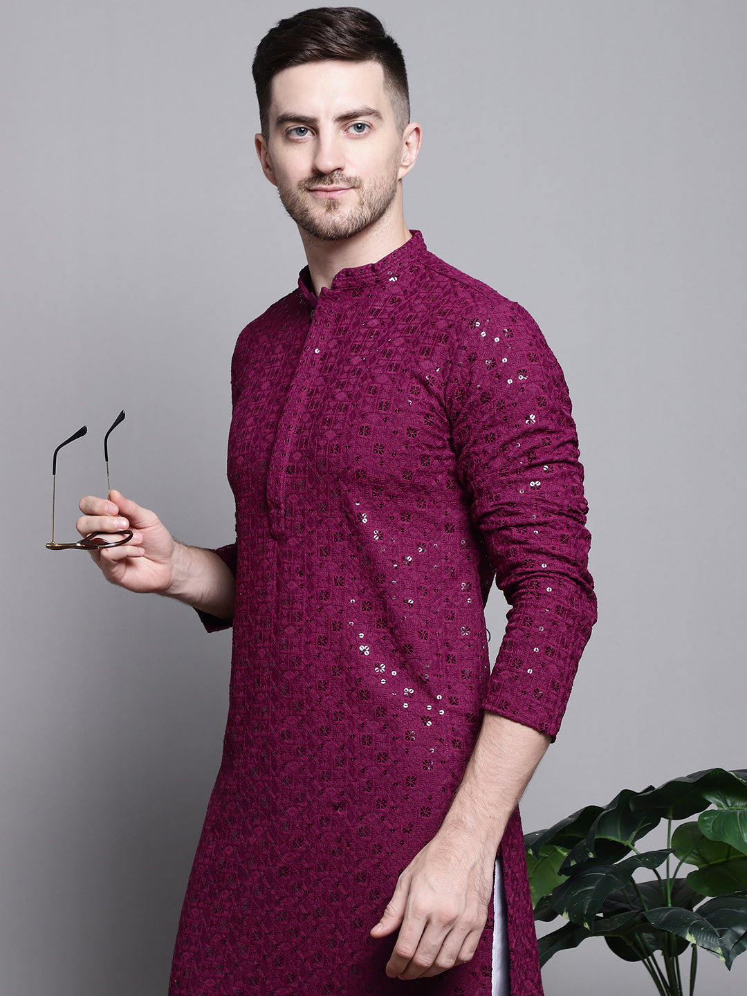 Jompers Men's Sequin Embroidered Pure Cotton Kurta - Purple - Distacart