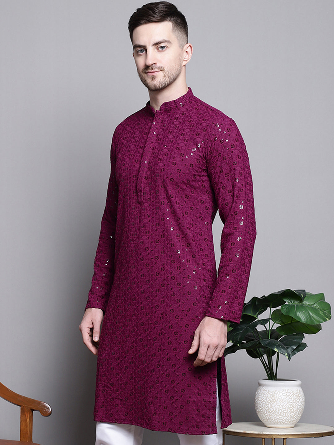Jompers Men's Sequin Embroidered Pure Cotton Kurta - Purple - Distacart