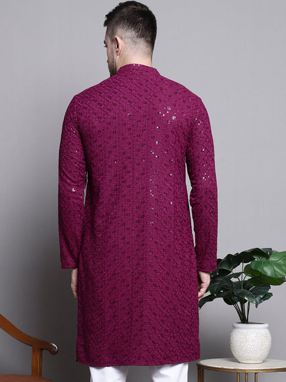 Jompers Men's Sequin Embroidered Pure Cotton Kurta - Purple - Distacart