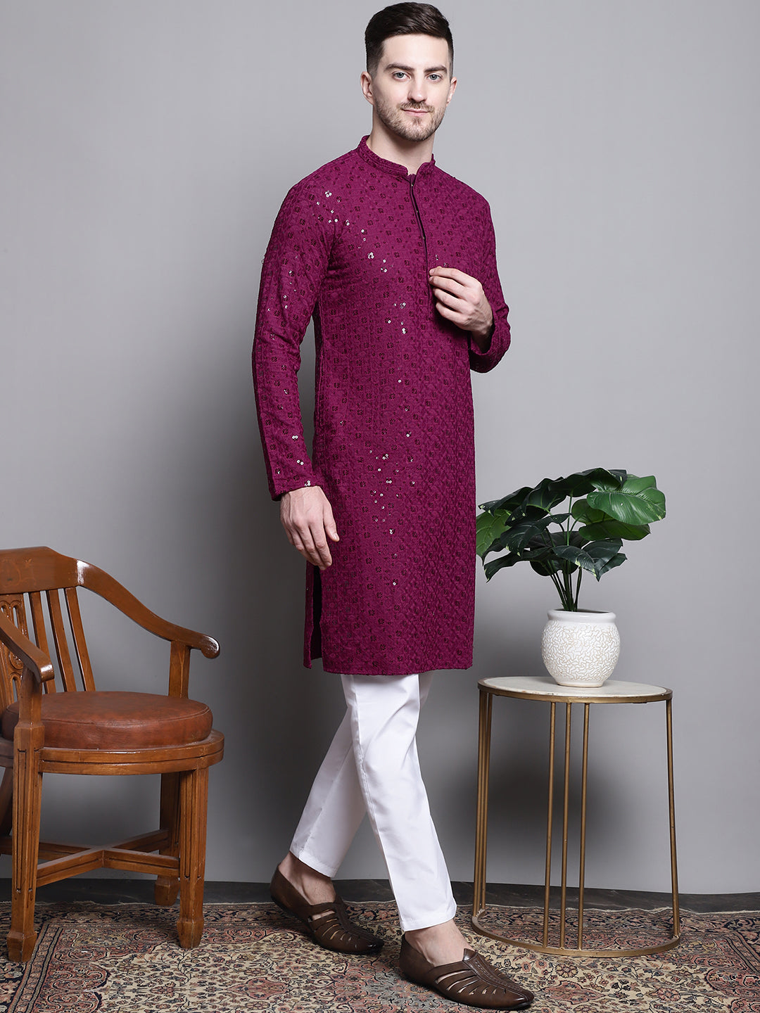 Jompers Men's Sequin Embroidered Pure Cotton Kurta - Purple - Distacart