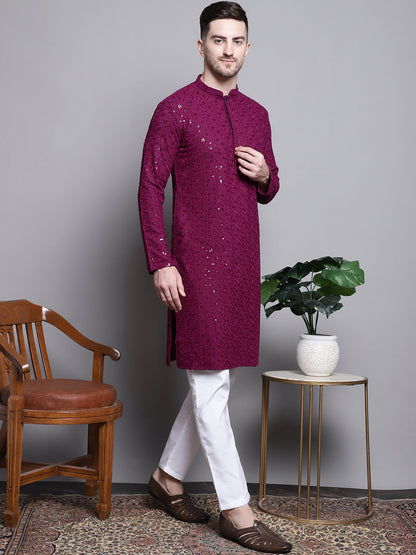 Jompers Men's Sequin Embroidered Pure Cotton Kurta - Purple - Distacart