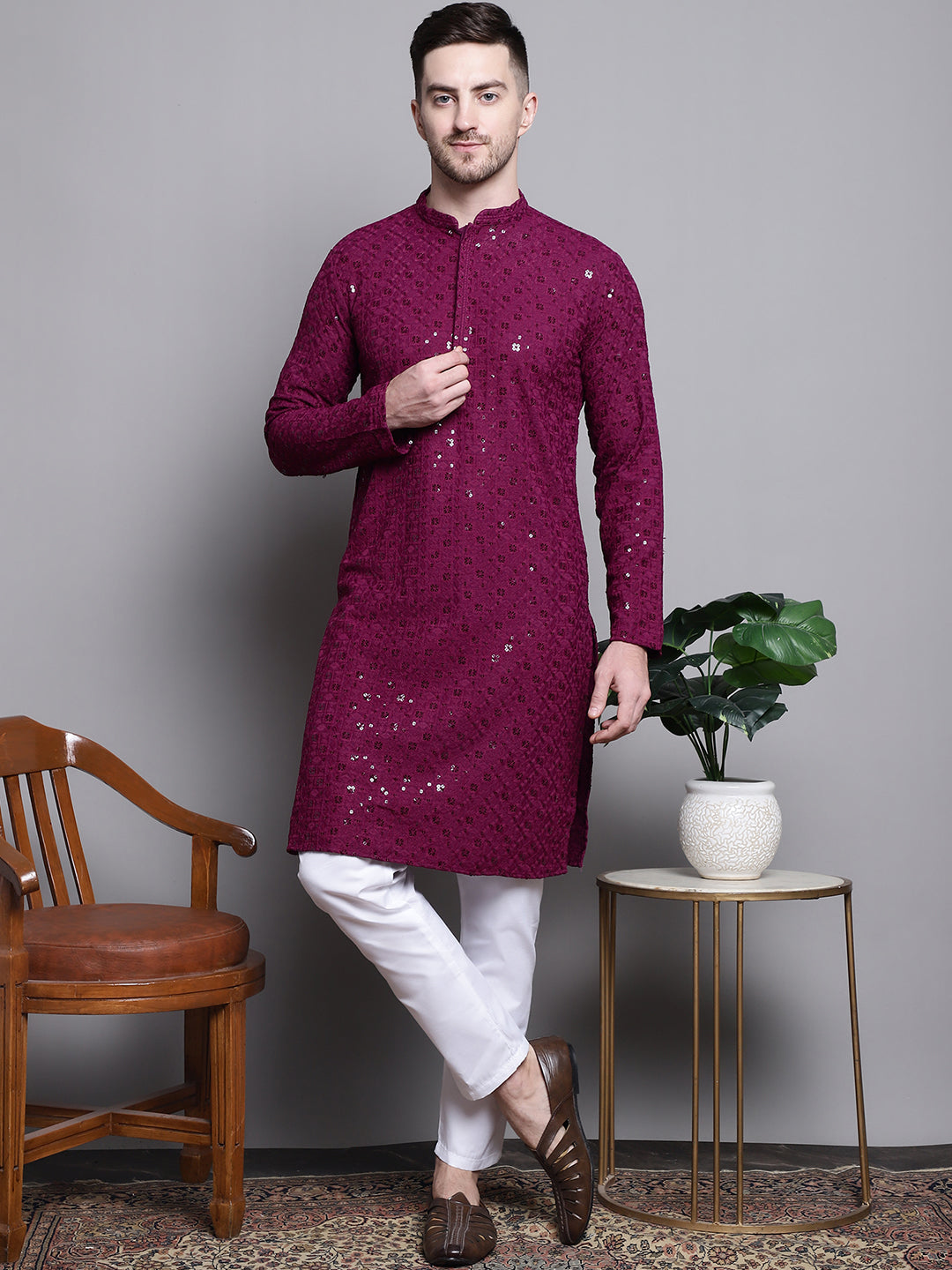 Jompers Men's Sequin Embroidered Pure Cotton Kurta - Purple - Distacart