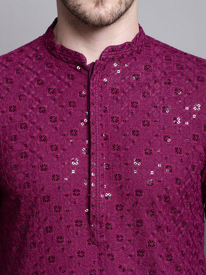 Jompers Men's Sequin Embroidered Pure Cotton Kurta - Purple - Distacart