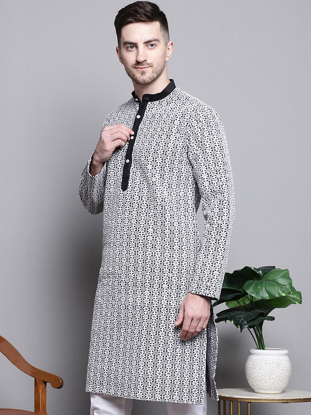 Jompers Men's Sequin Embroidered Silk Blend Kurta - Black - Distacart