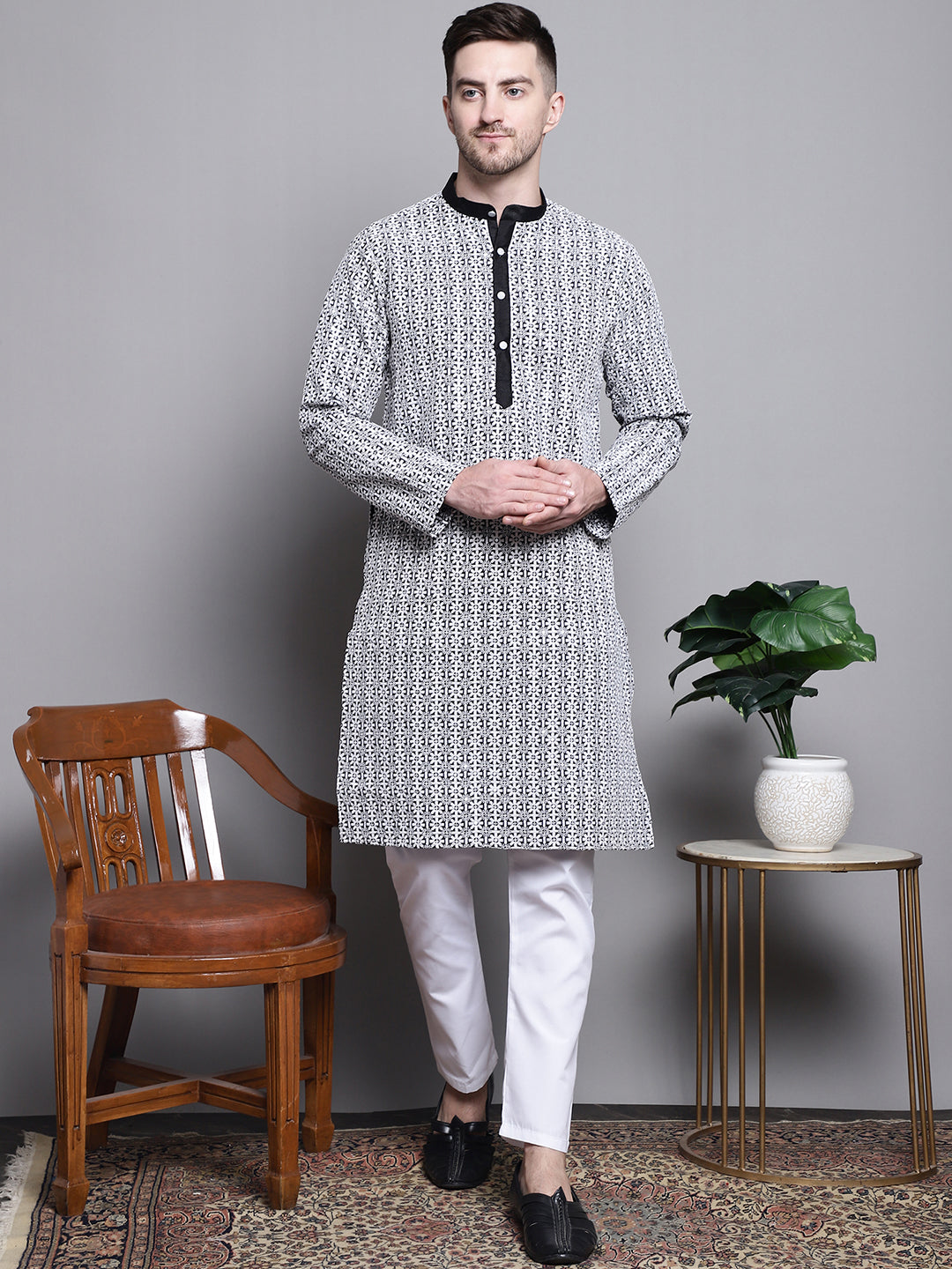 Jompers Men's Sequin Embroidered Silk Blend Kurta - Black - Distacart