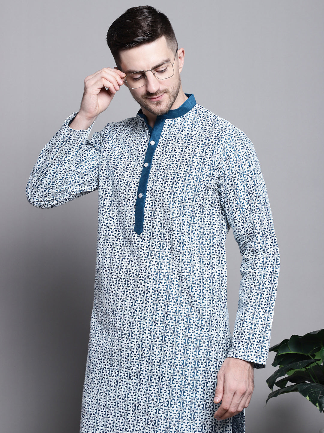 Jompers Men's Sequin Embroidered Silk Blend Kurta - Peacock - Distacart