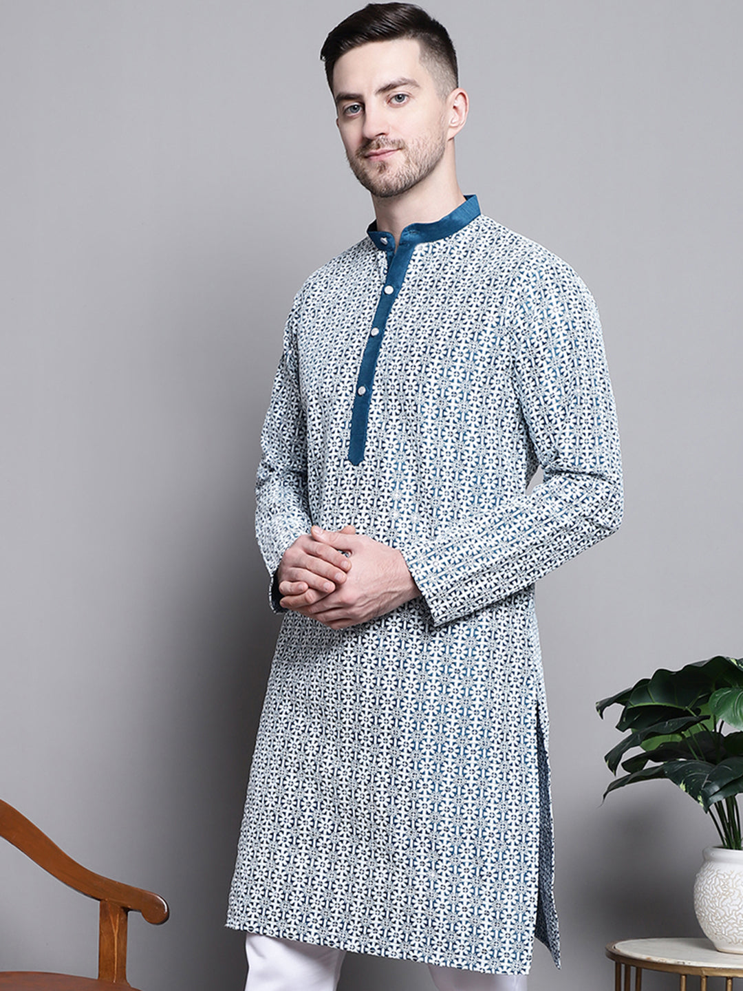 Jompers Men's Sequin Embroidered Silk Blend Kurta - Peacock - Distacart
