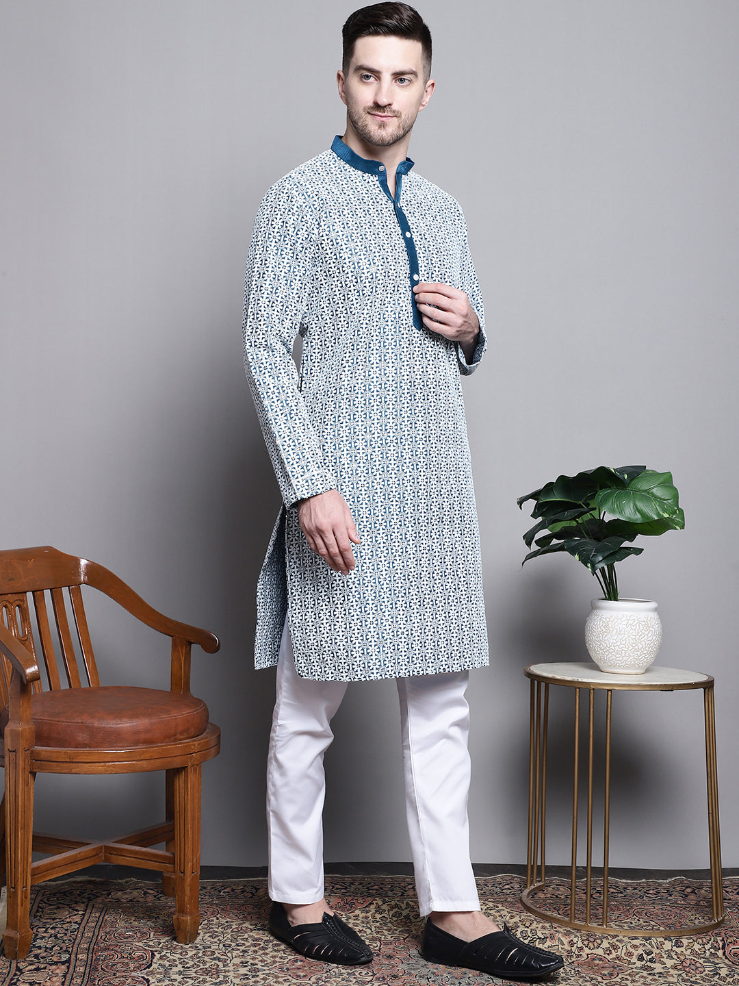 Jompers Men's Sequin Embroidered Silk Blend Kurta - Peacock - Distacart