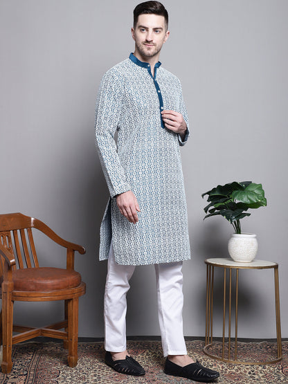 Jompers Men's Sequin Embroidered Silk Blend Kurta - Peacock - Distacart