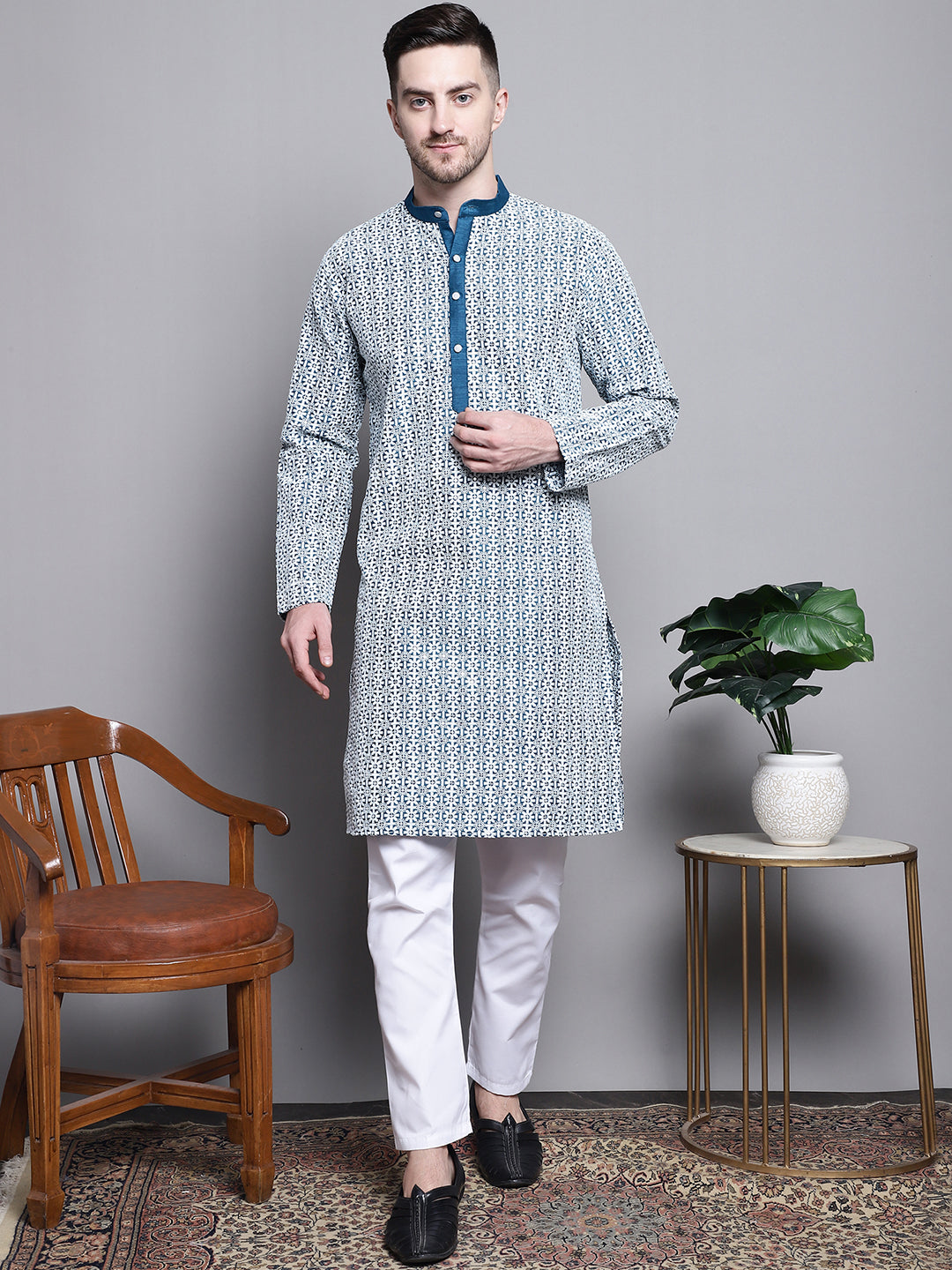 Jompers Men's Sequin Embroidered Silk Blend Kurta - Peacock - Distacart
