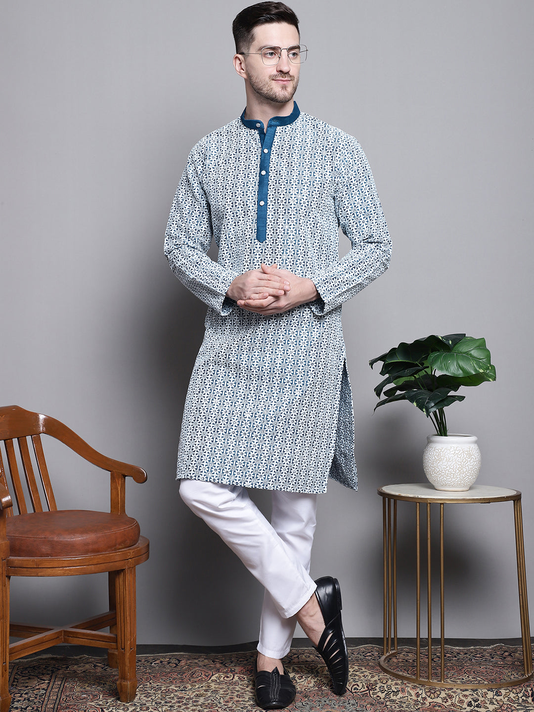 Jompers Men's Sequin Embroidered Silk Blend Kurta - Peacock - Distacart