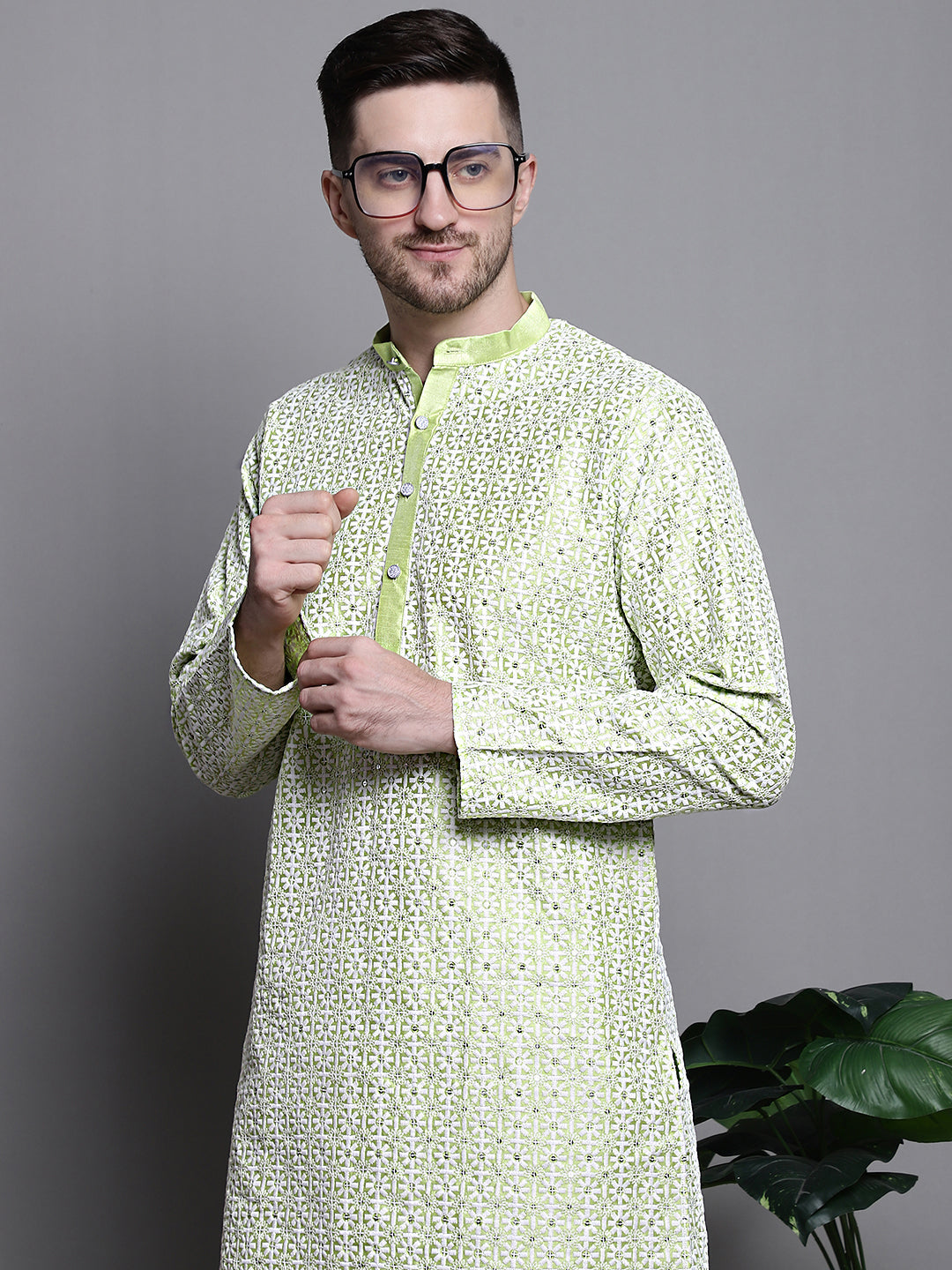 Jompers Men's Sequin Embroidered Silk Blend Kurta - Pista - Distacart