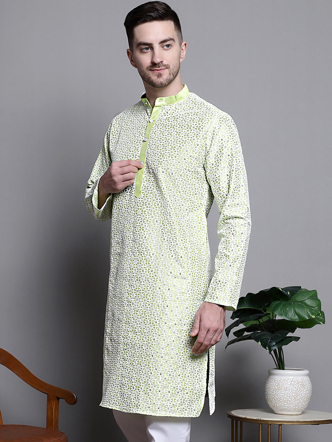 Jompers Men's Sequin Embroidered Silk Blend Kurta - Pista - Distacart
