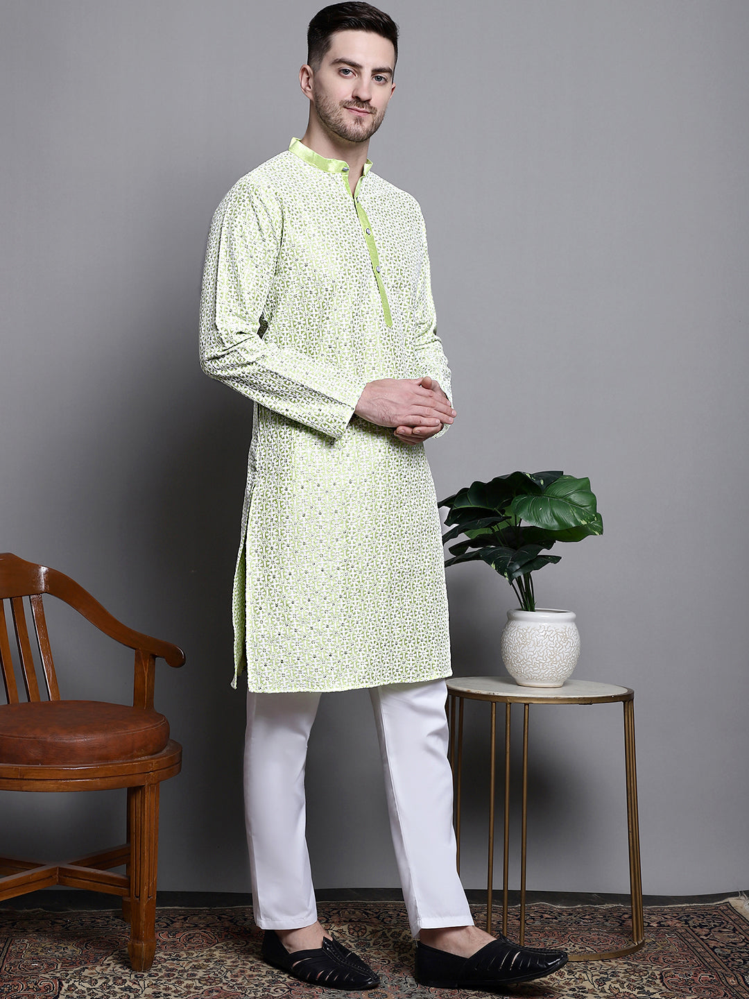 Jompers Men's Sequin Embroidered Silk Blend Kurta - Pista - Distacart