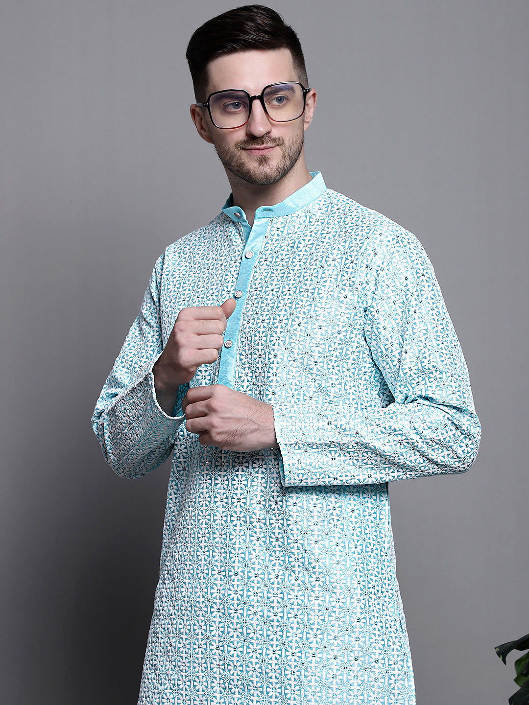 Jompers Men's Sequin Embroidered Silk Blend Kurta - Sky Blue - Distacart