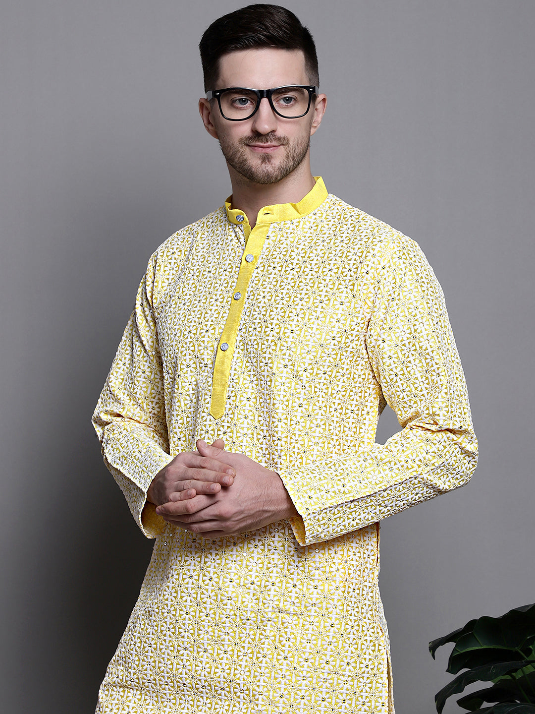 Jompers Men's Sequin Embroidered Silk Blend Kurta - Yellow - Distacart