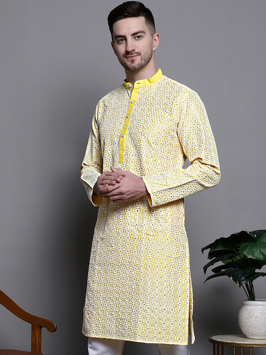 Jompers Men's Sequin Embroidered Silk Blend Kurta - Yellow - Distacart