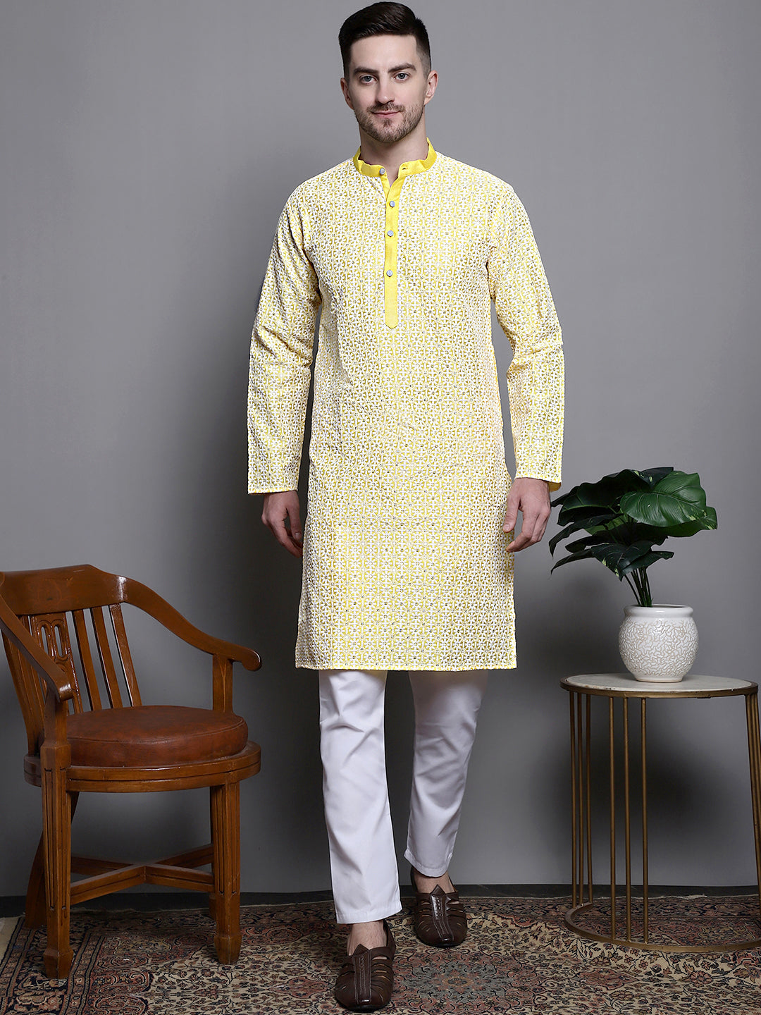 Jompers Men's Sequin Embroidered Silk Blend Kurta - Yellow - Distacart
