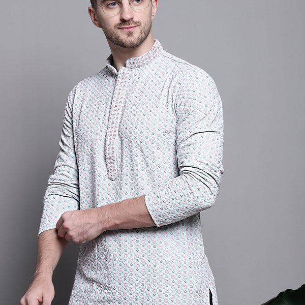 Jompers Men's Sequin Embroidered Pure Cotton Kurta - Blue - Distacart