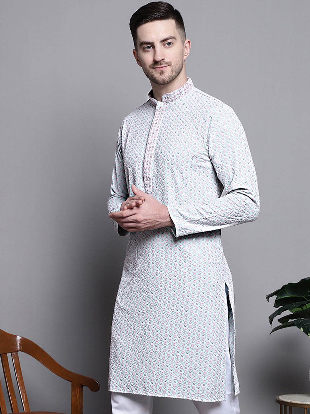 Jompers Men's Sequin Embroidered Pure Cotton Kurta - Blue - Distacart