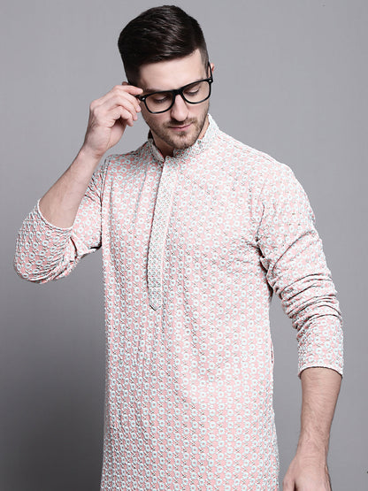 Jompers Men's Sequin Embroidered Pure Cotton Kurta - Peach - Distacart