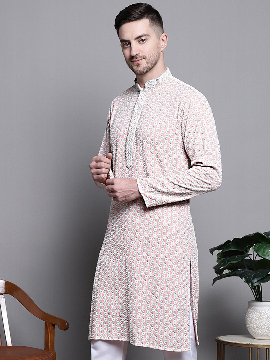 Jompers Men's Sequin Embroidered Pure Cotton Kurta - Peach - Distacart